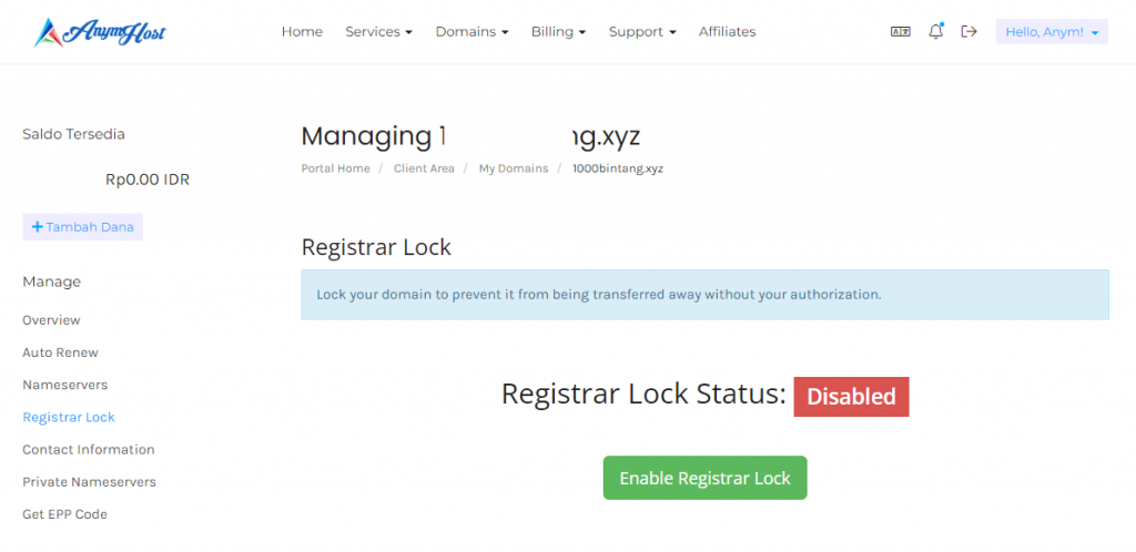 cara aktifkan registrar lock pada domain